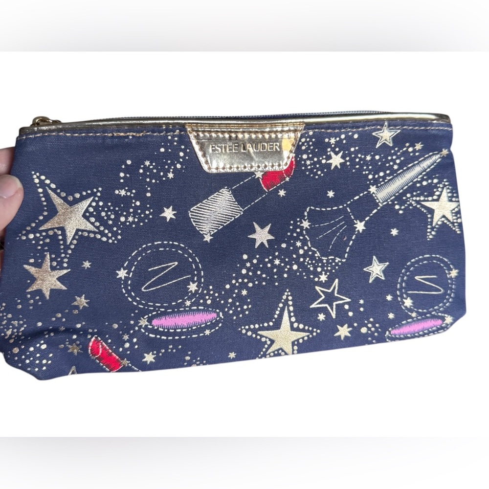 Estée Lauder Makeup Bag Cosmetic Pouch Navy Gold Star Lipstick Print Zip Clutch
